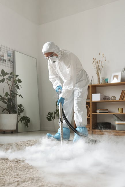 A professional cleaner dressed in full white protective coveralls, including gloves, a hood, and shoe covers, is performing deep surface cleaning on a plush, cream-colored carpet in a bright, modern l